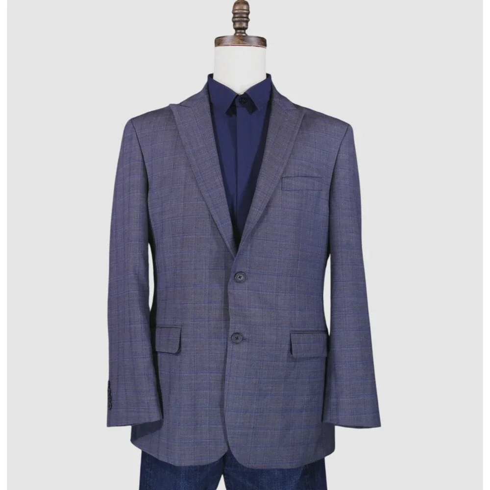 Jos A Bank Traveler Sport Coat Blazer Men 42L Tailored Blue Plaid Wool Blend